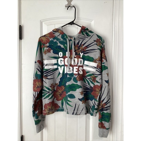 Tops - Rebellious. One Womens Gray Only Good Vibes Floral Pullover Hoodie Size XS
